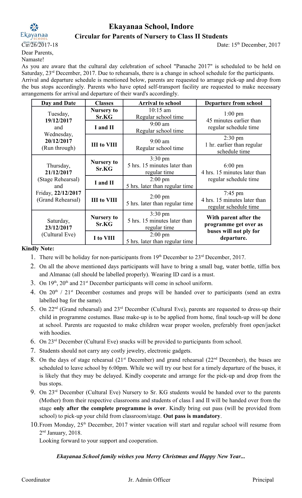 Circular for Parents of Nursery to Class II Students