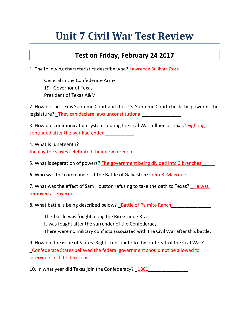 Unit 7 Civil War Test Review