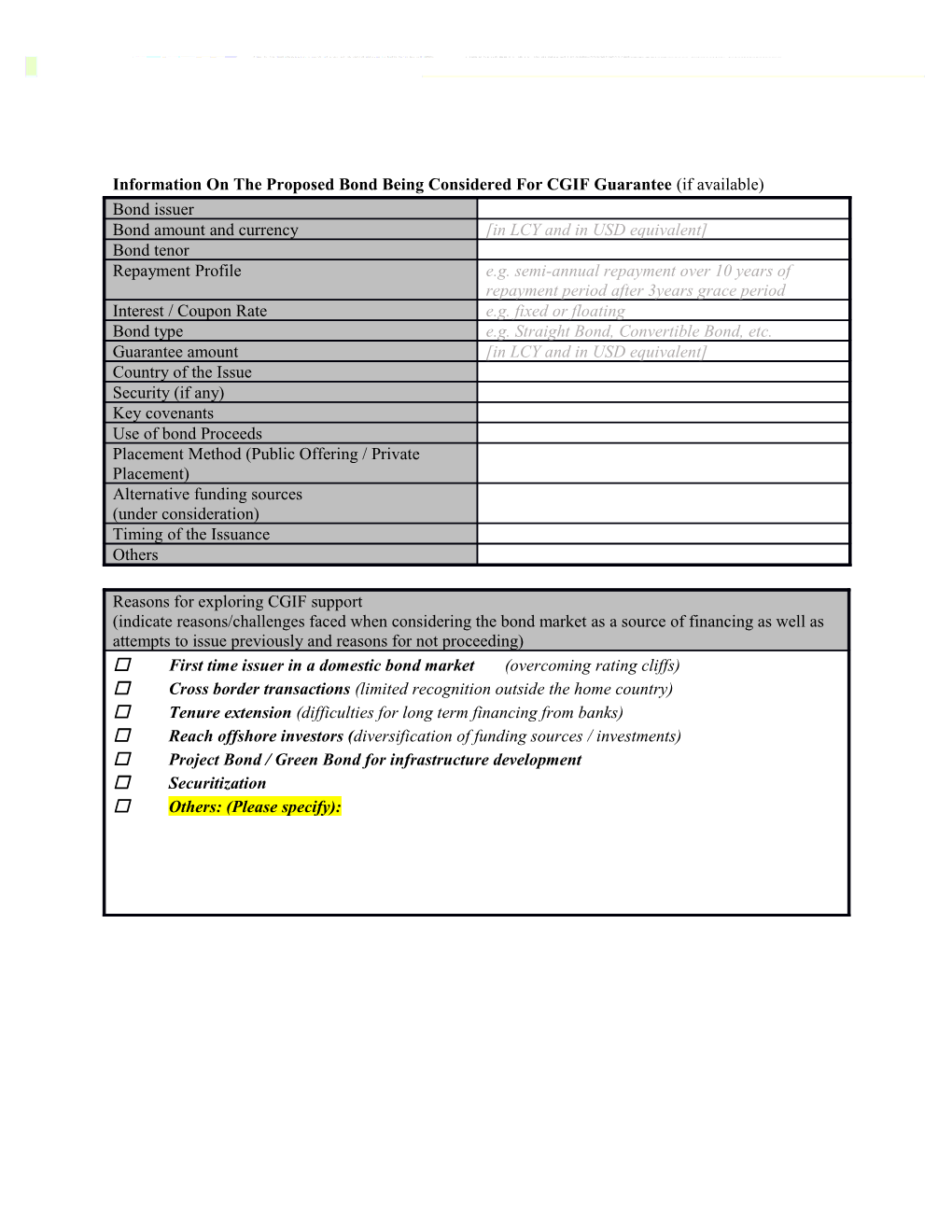 Information on the Proposed Bond Being Considered for CGIF Guarantee (If Available)