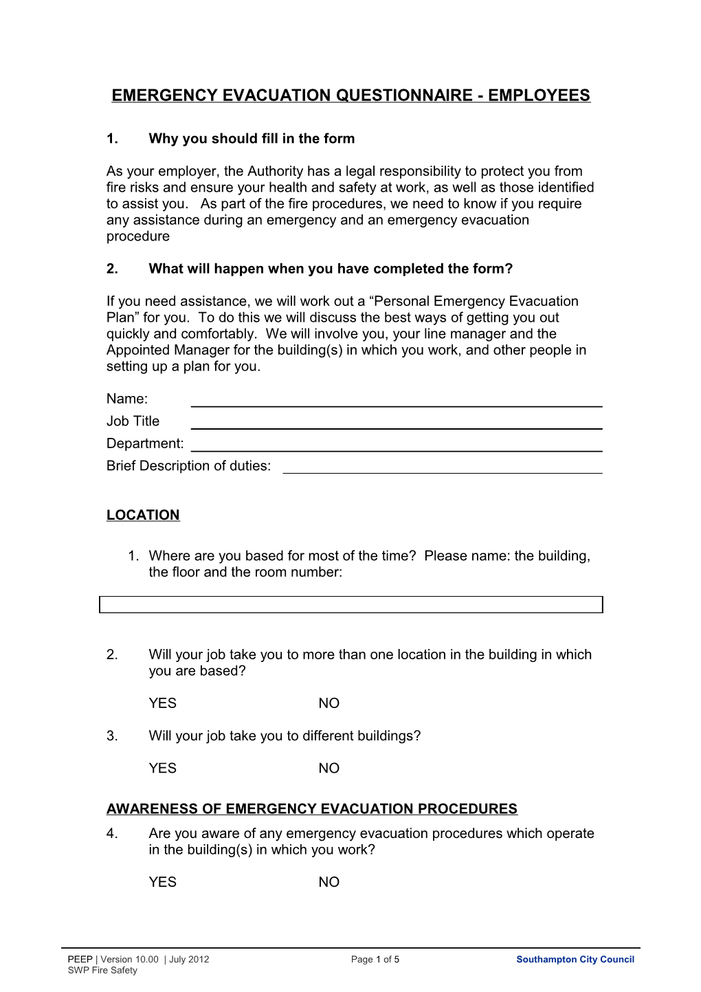Emergency Evacuation Questionnaire - Employees