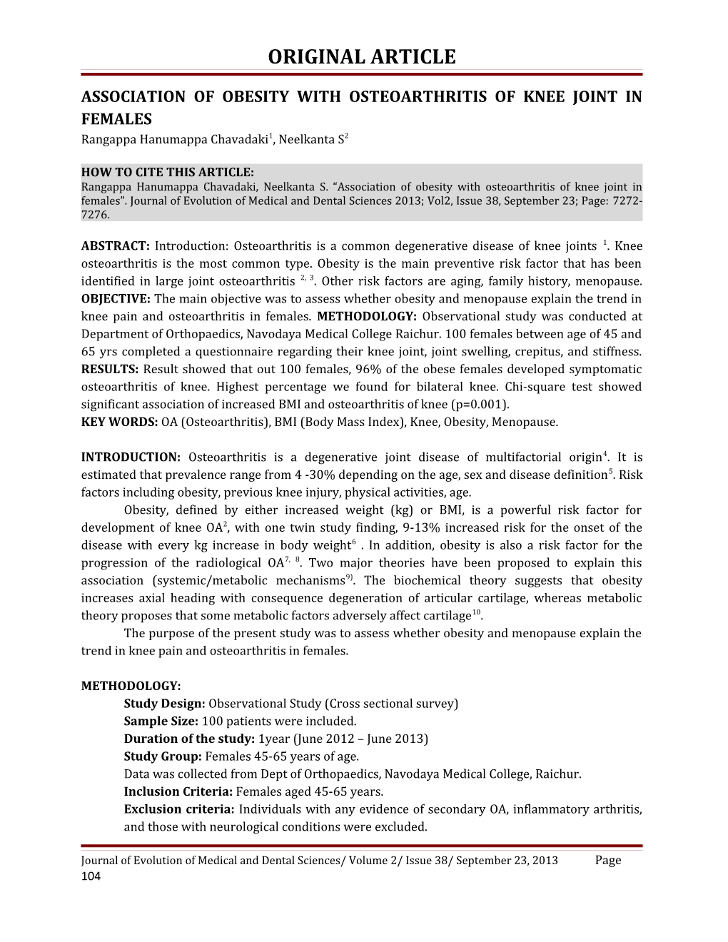 Association of Obesity with Osteoarthritis of Knee Joint in Females