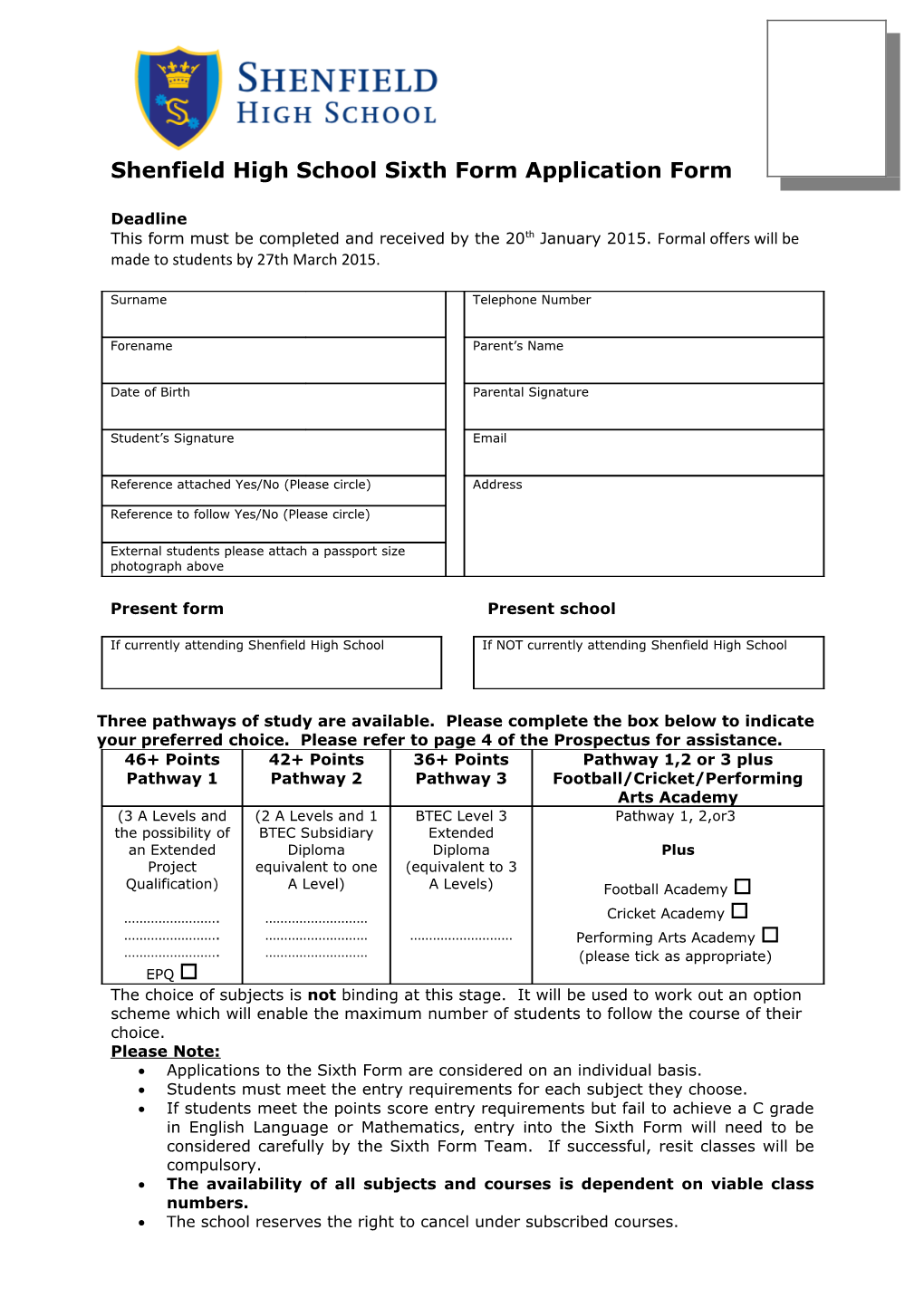 Shenfield High School Sixth Form Application Form