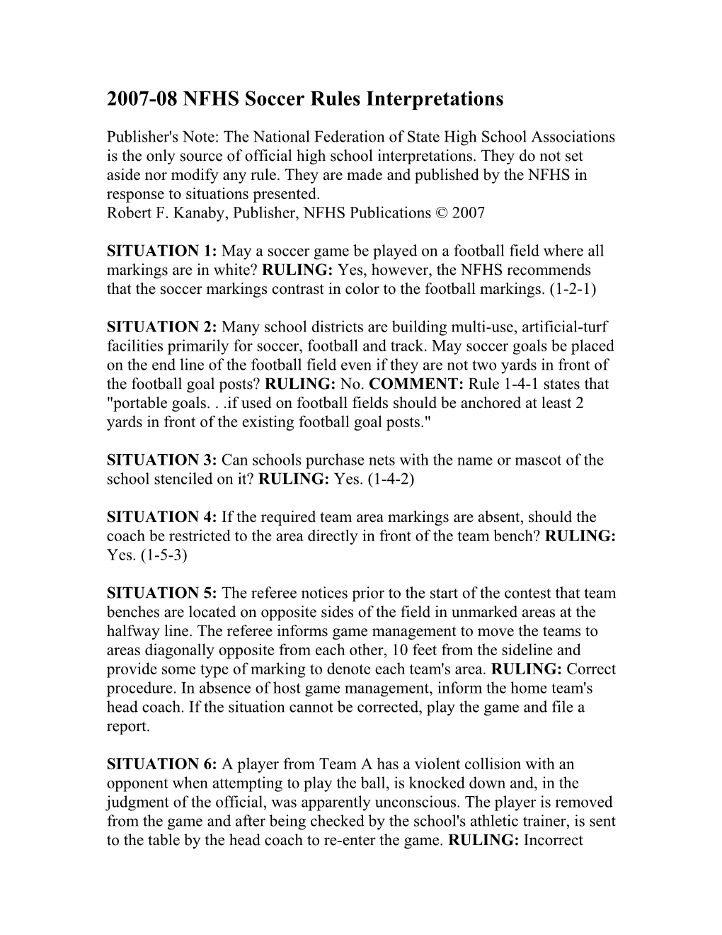 2007-08 NFHS Soccer Rules Interpretations