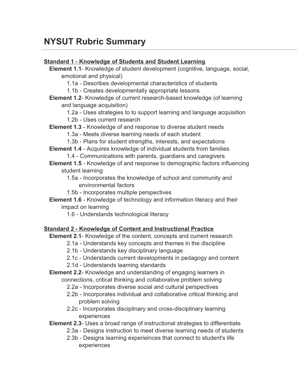 NYSUT Rubric Summary