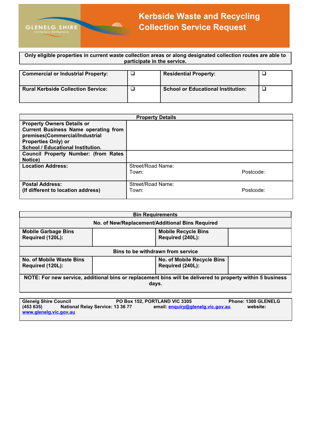 Kerbside Waste and Recycling Collection Service Request