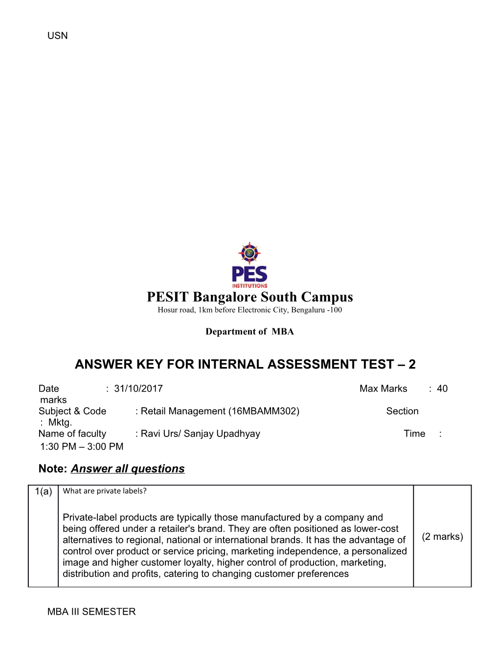 Answer Key Forinternal Assessment Test 2