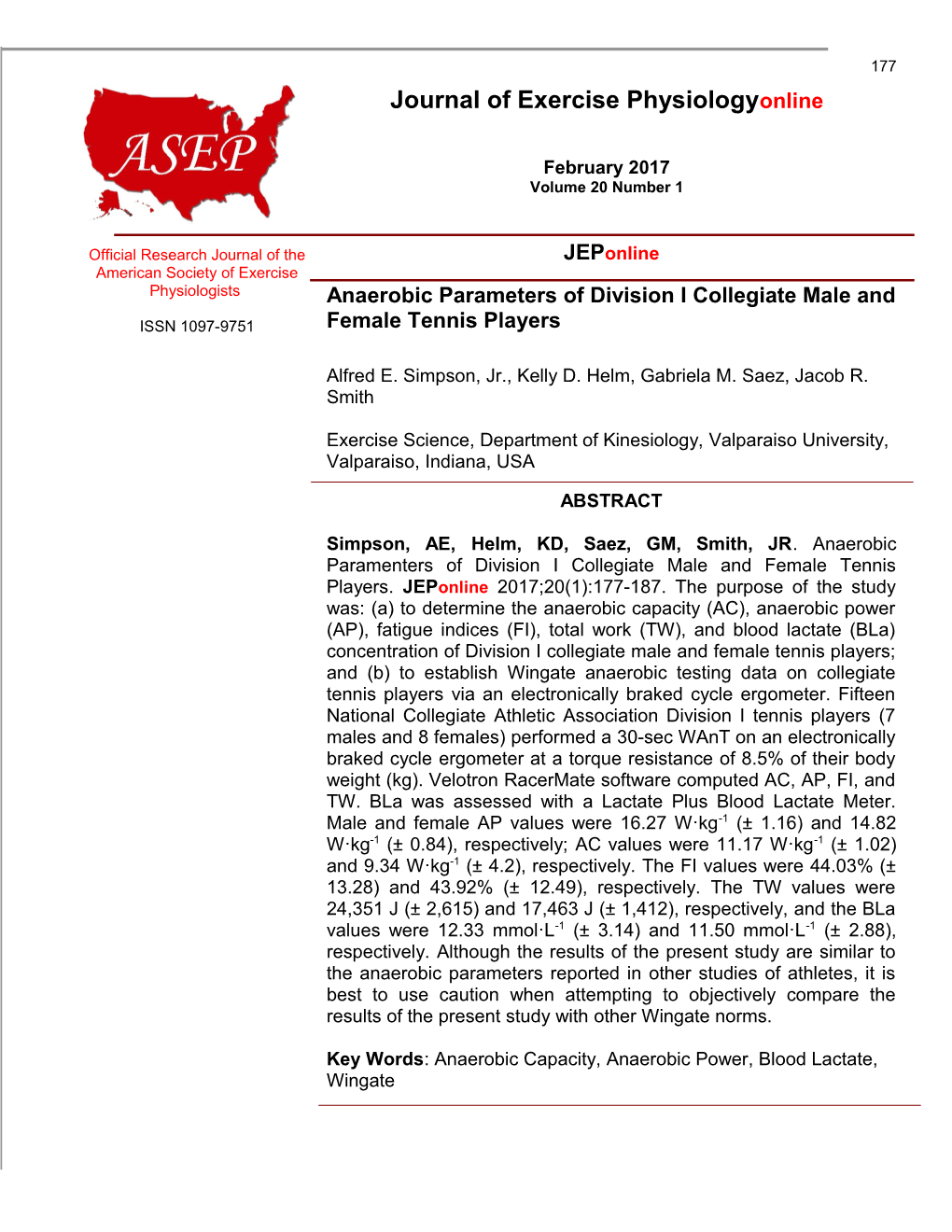 Anaerobic Parameters of Division I Collegiate Male and Female Tennis Players