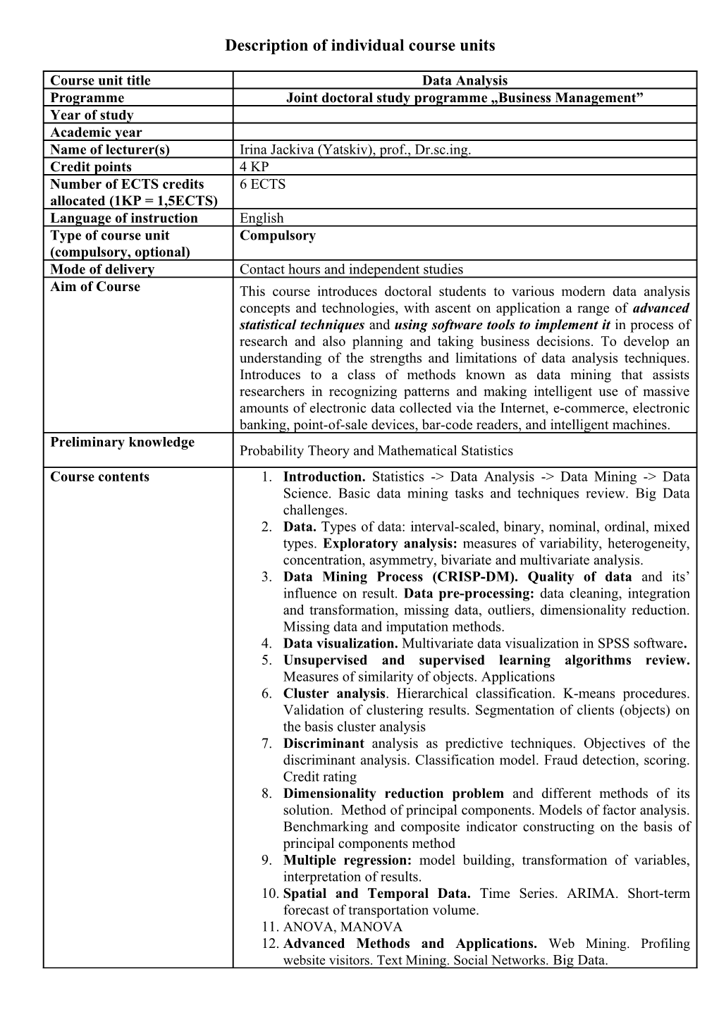 Description of Individual Course Units