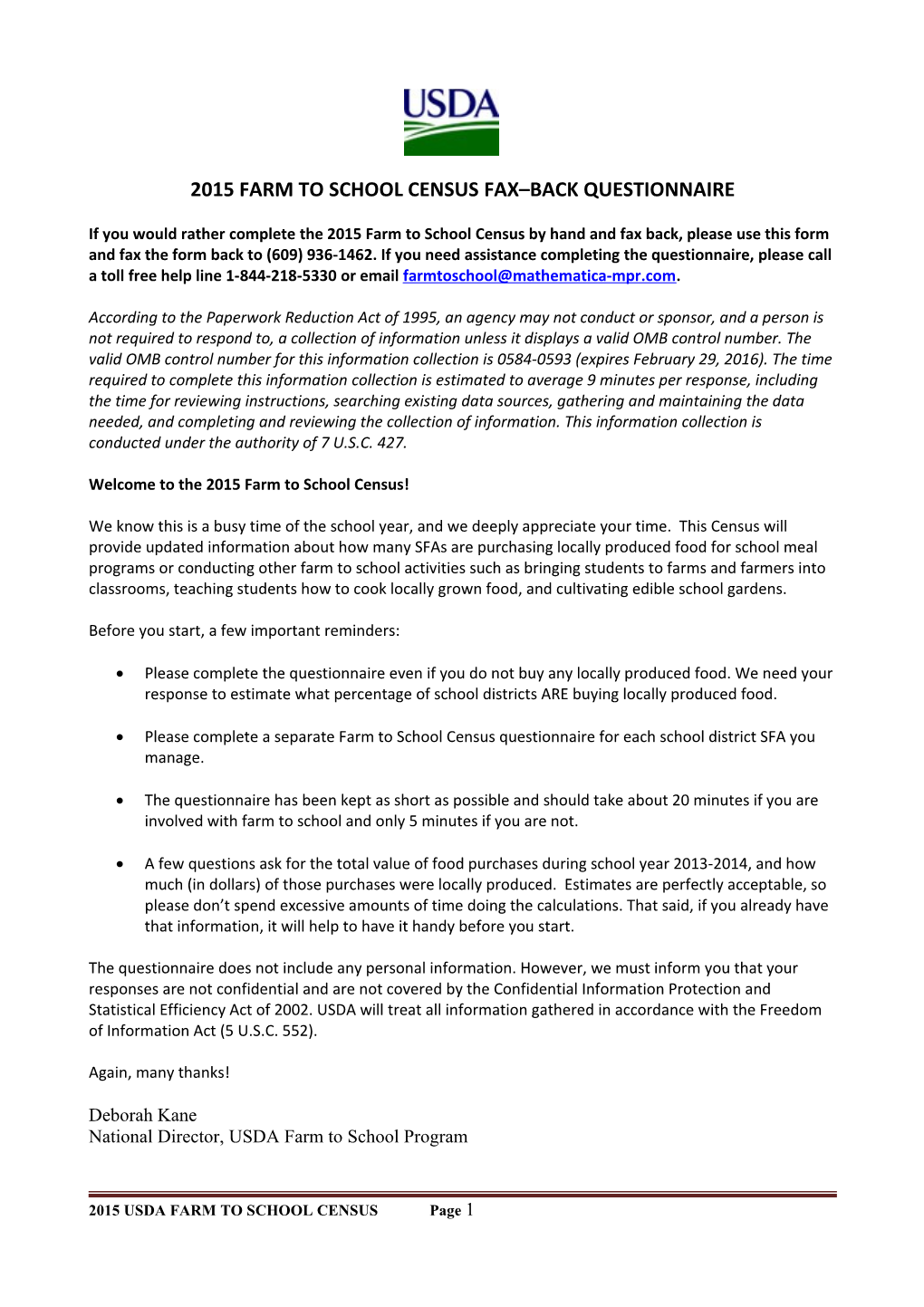 2015 Farm to School Census Fax Back Questionnaire