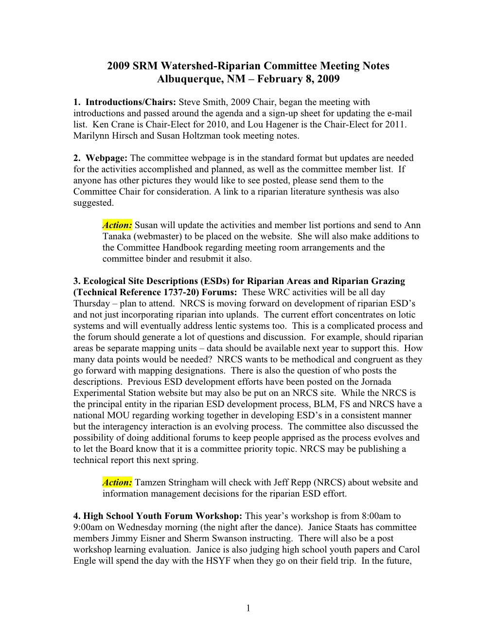 2009 SRM Watershed-Riparian Committee Meeting Notes
