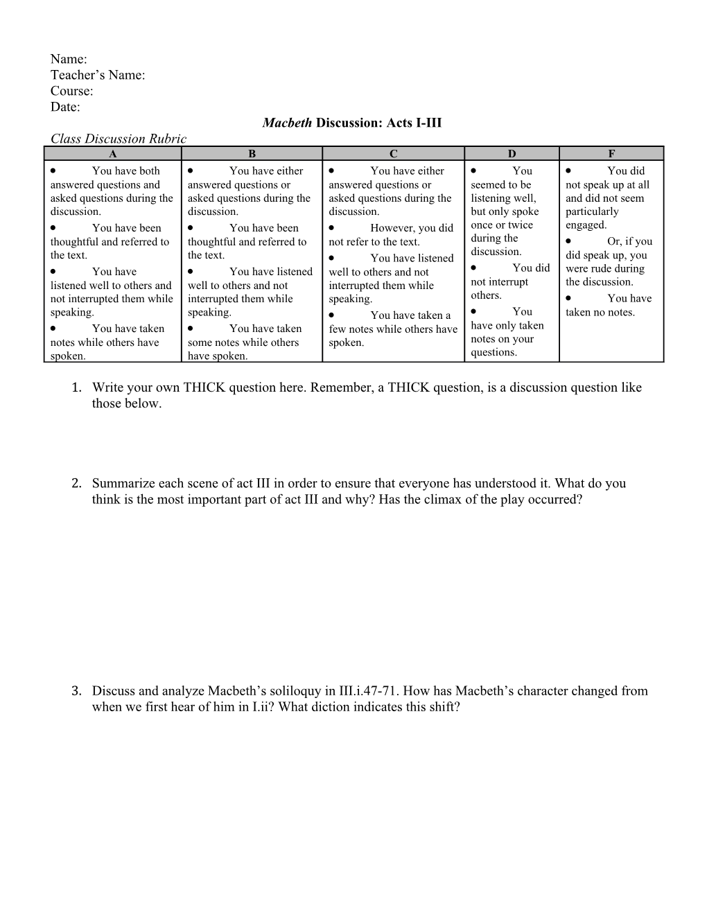 Macbeth Discussion: Acts I-III