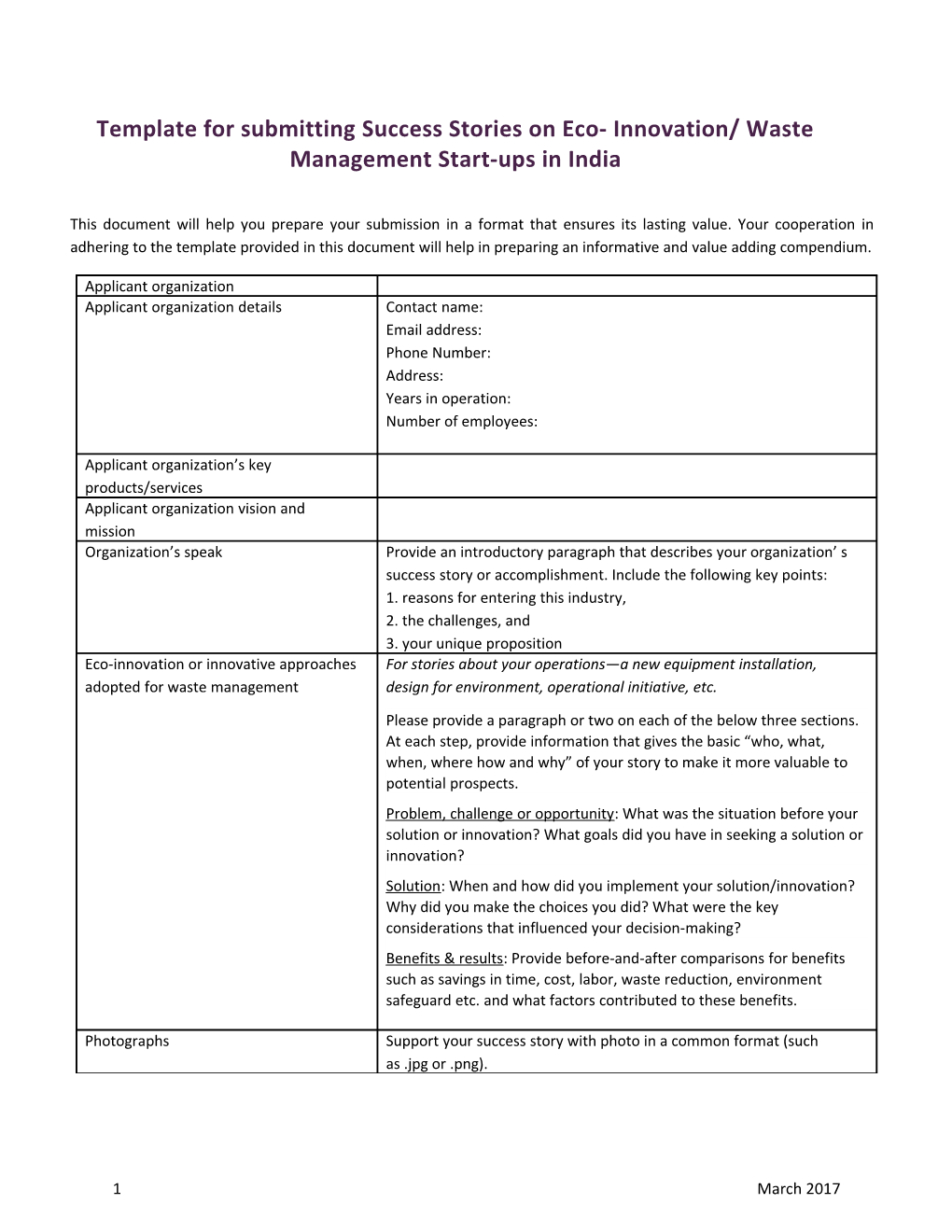 Template for Submitting Success Stories on Eco- Innovation/ Waste Management Start-Ups