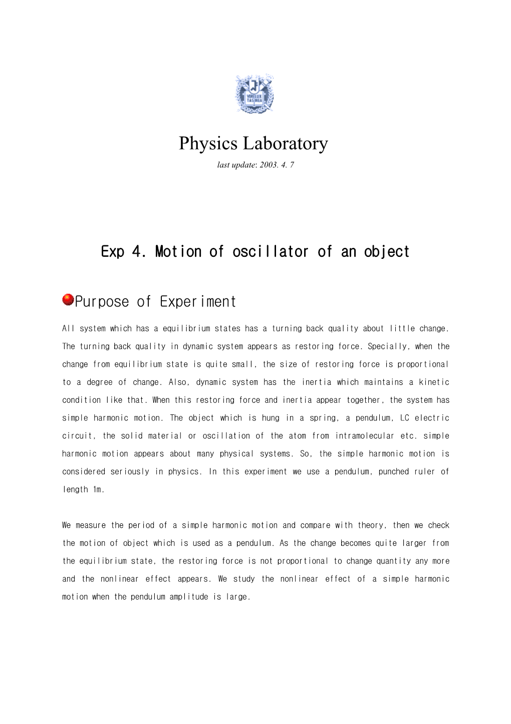 Exp 4. Motion of Oscillator of an Object