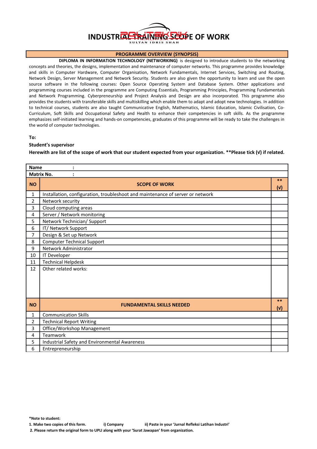 Industrial Training Scope of Work