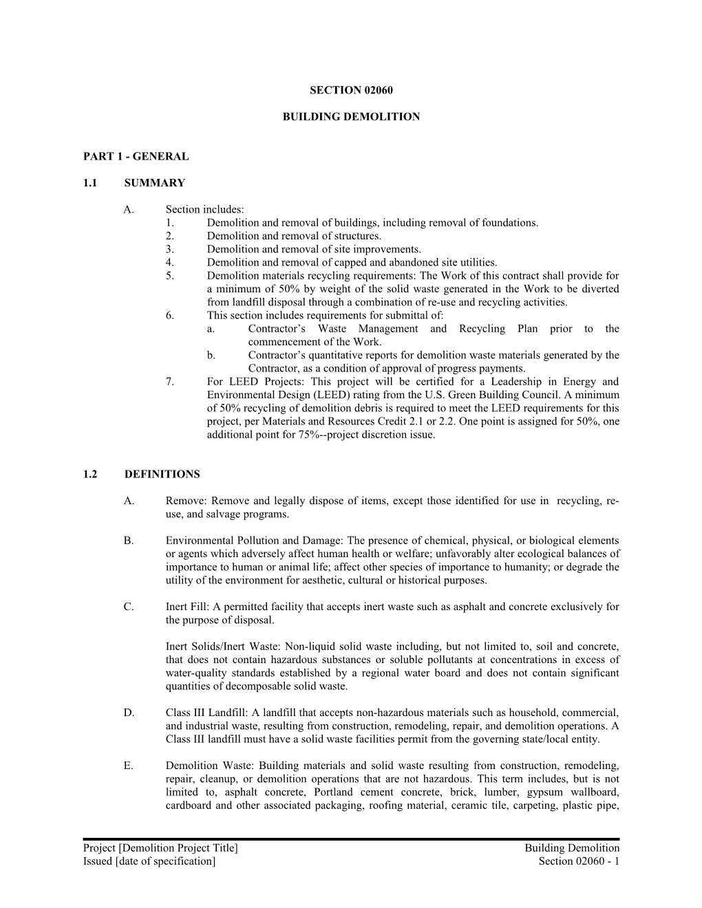 CMRA Master Specification, C&D Recycling-Building Demolition: Section 02060