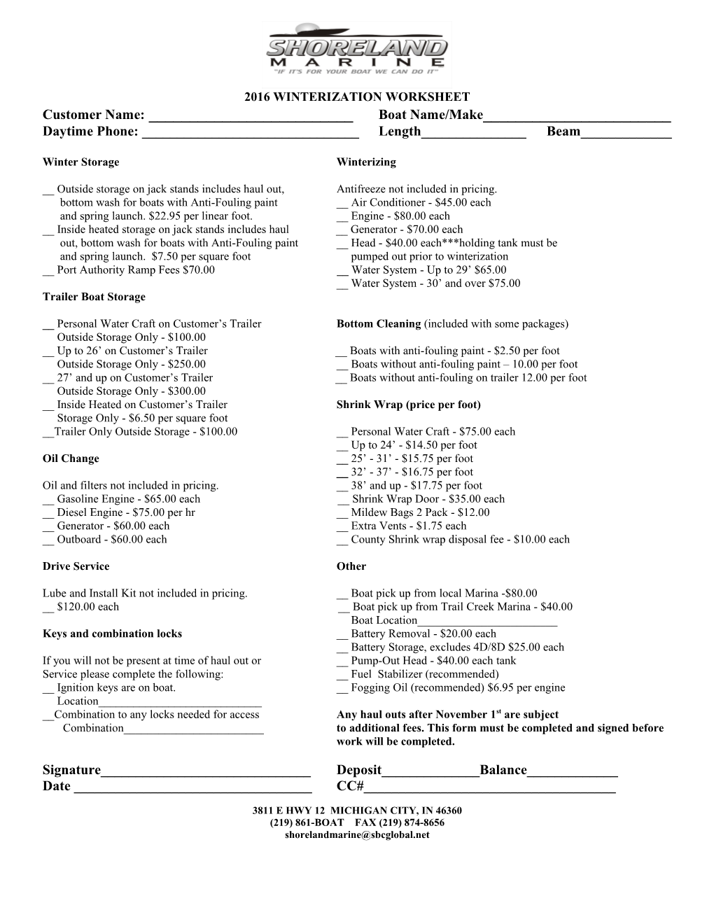 2016 Winterization Worksheet