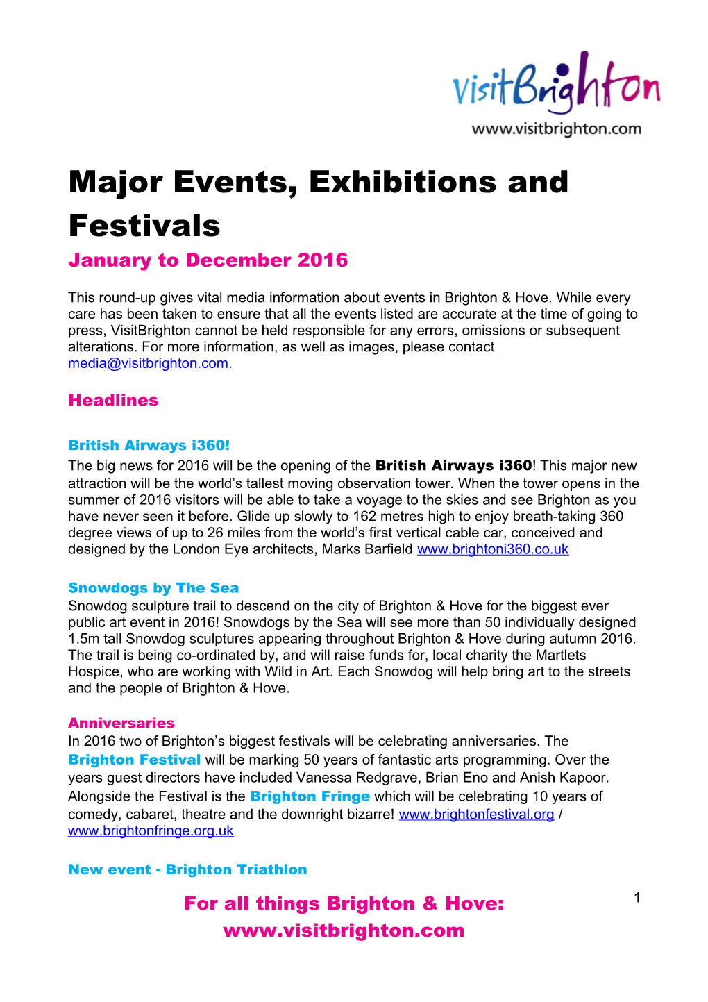 Major Events, Exhibitions and Festivals