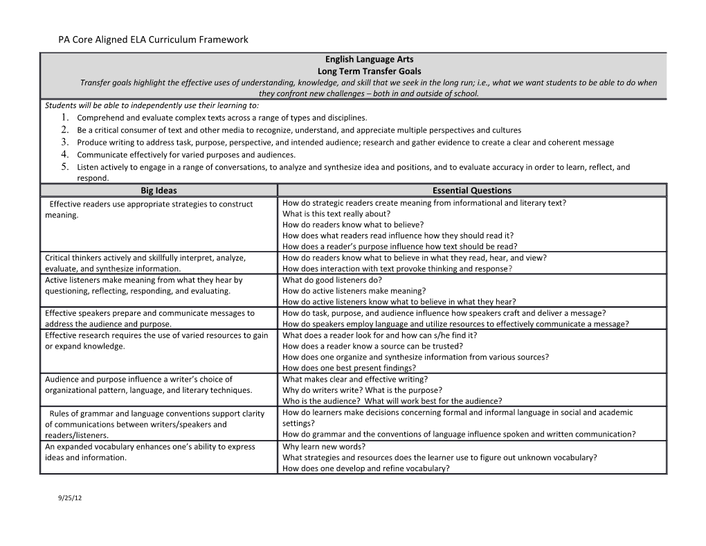 PA Core Aligned ELA Curriculum Framework
