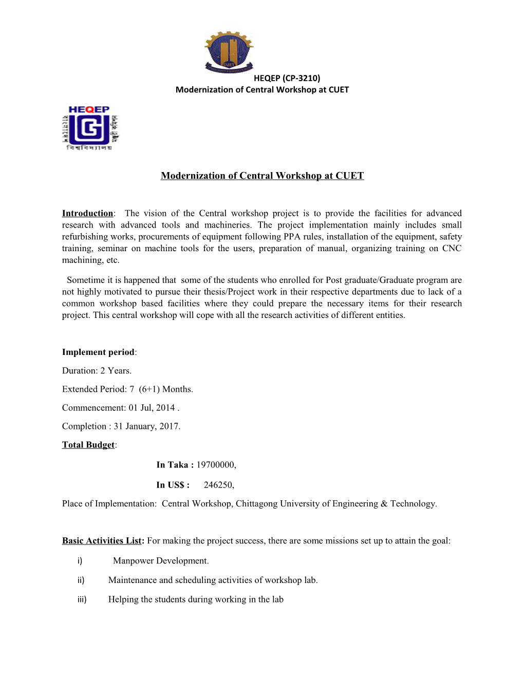 Modernization of Central Workshop at CUET