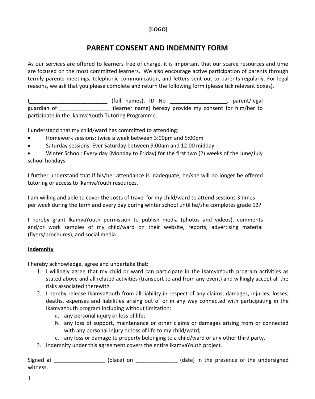 Parent Consent and Indemnity Form