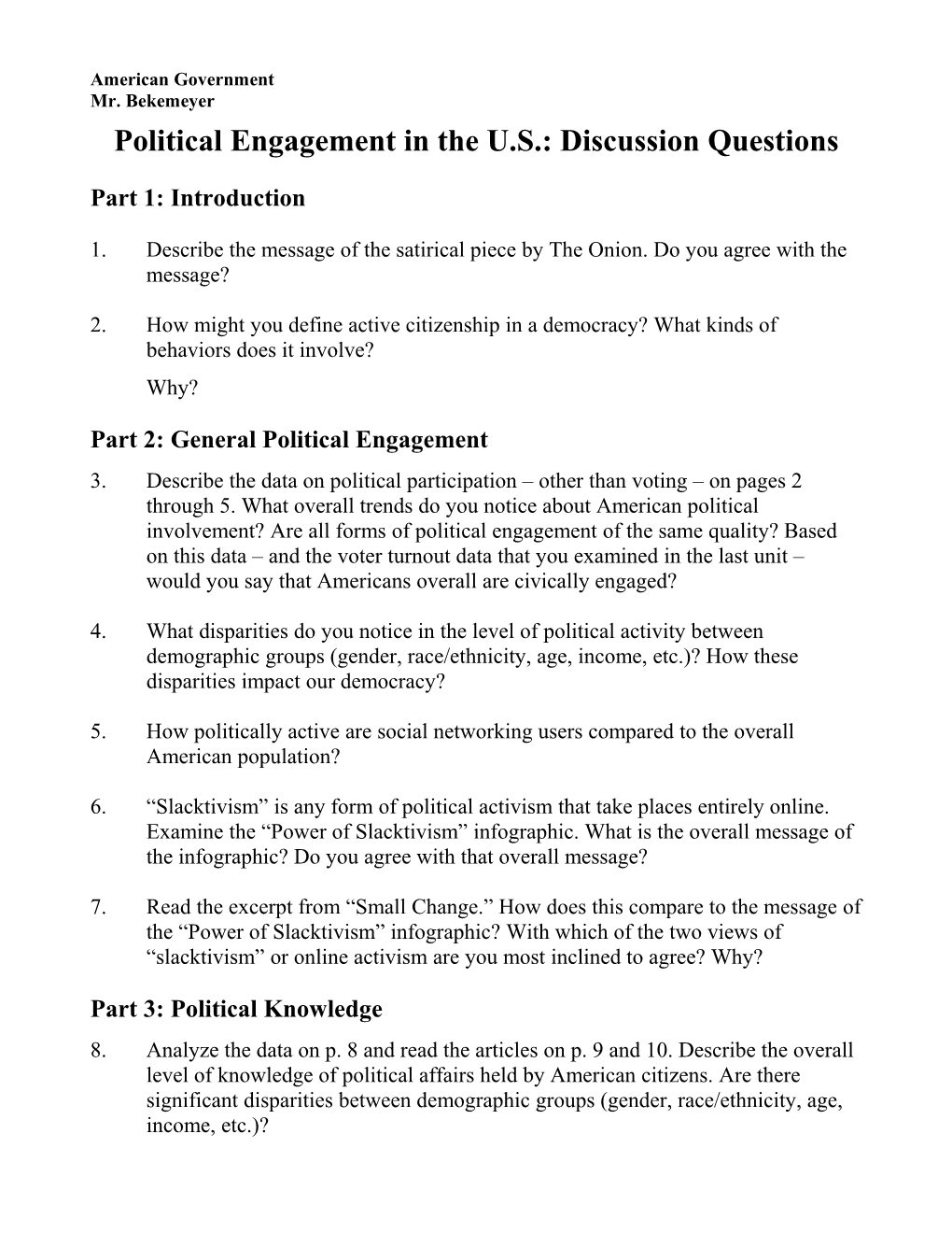 Political Engagement in the U.S.: Discussion Questions