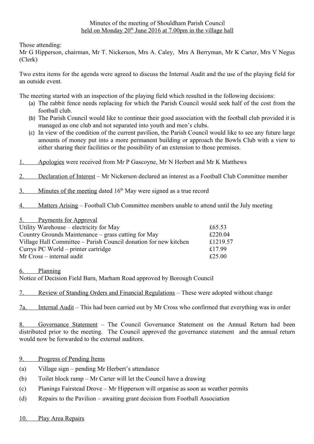 Mr G Hipperson, Chairman, Mr T. Nickerson, Mrs A. Caley, Mrs a Berryman, Mr K Carter, Mrs