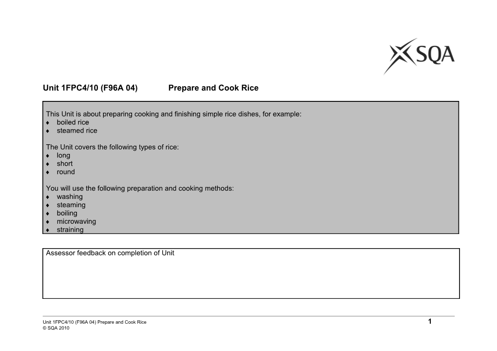 Unit 1FPC4/10 (F96A 04) Prepare and Cook Rice