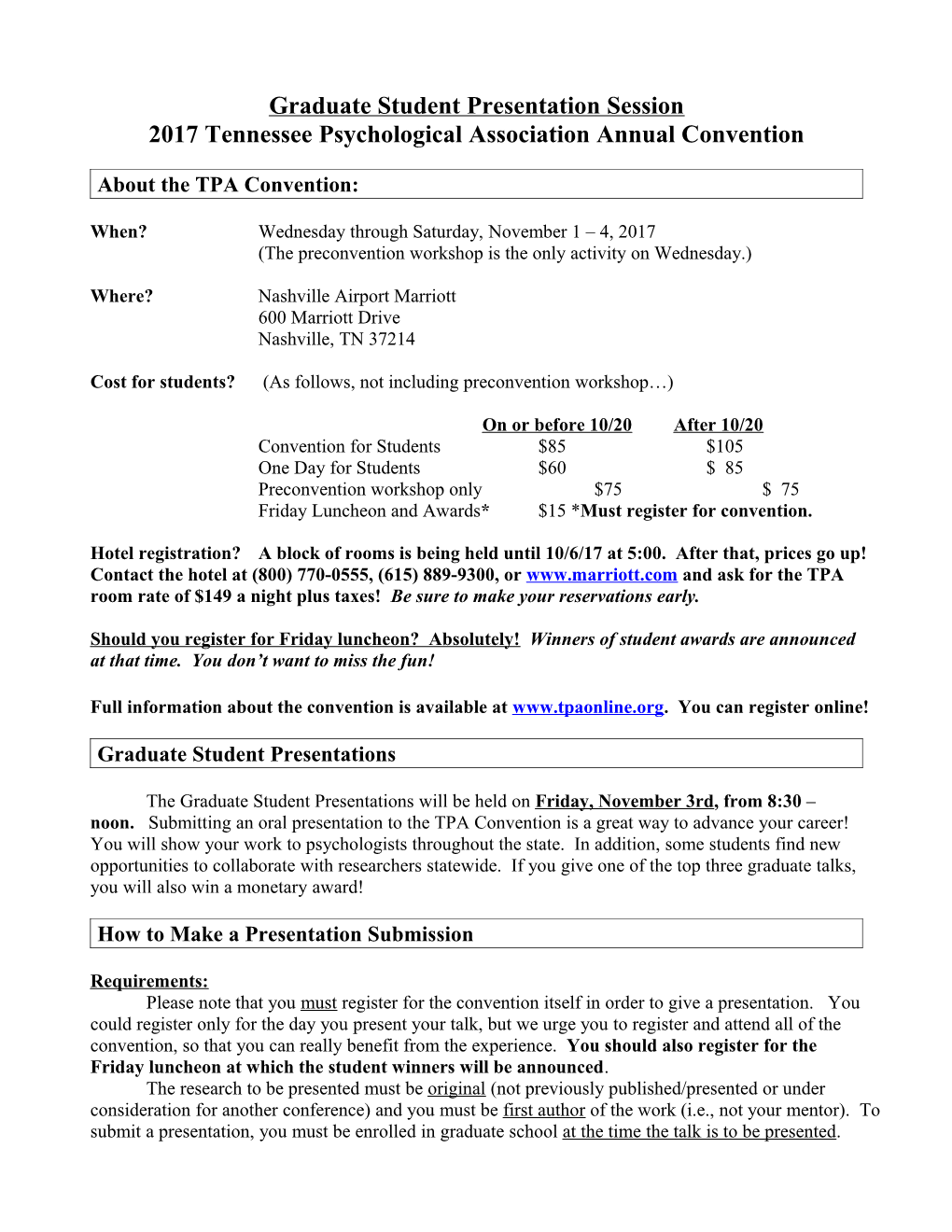 Tennessee Psychological Association Annual Convention 2007