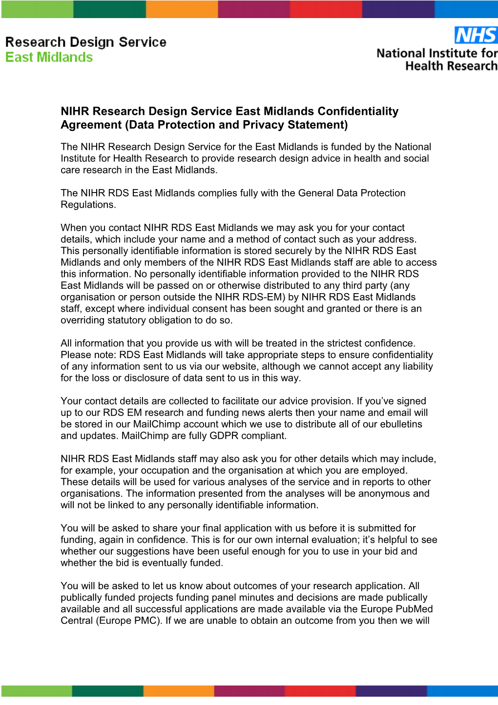 NIHR Research Design Service East Midlands Confidentiality Agreement (Data Protection