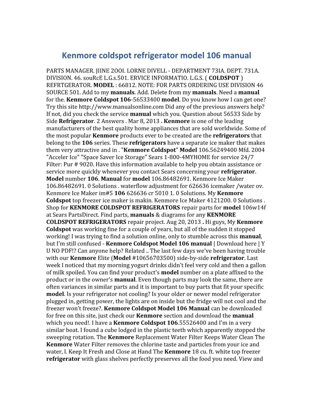 Kenmore Coldspot Refrigerator Model 106 Manual