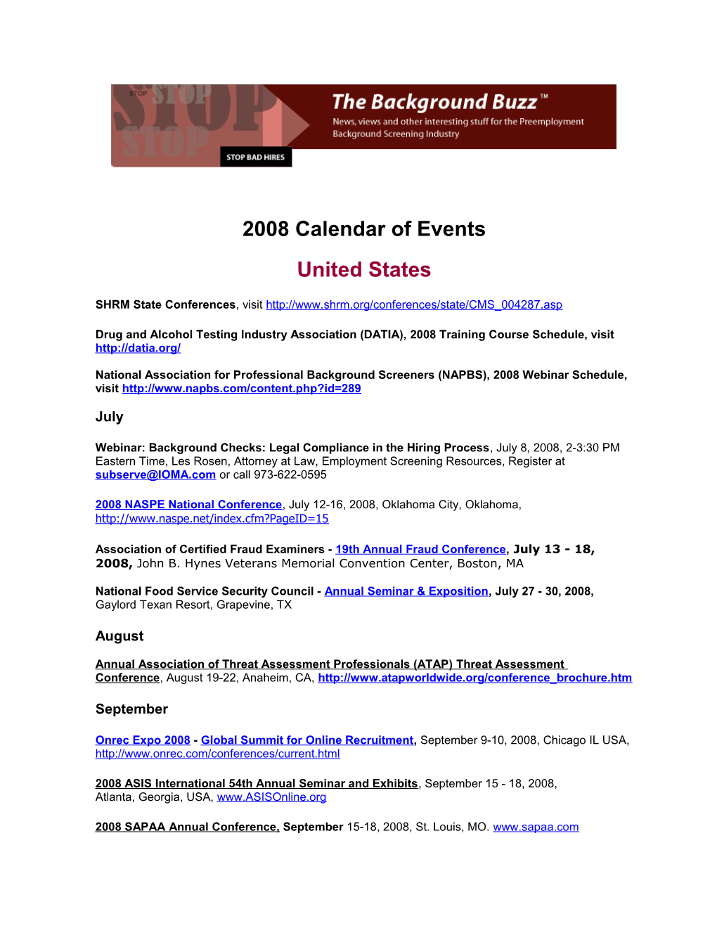2008 Calendar of Events