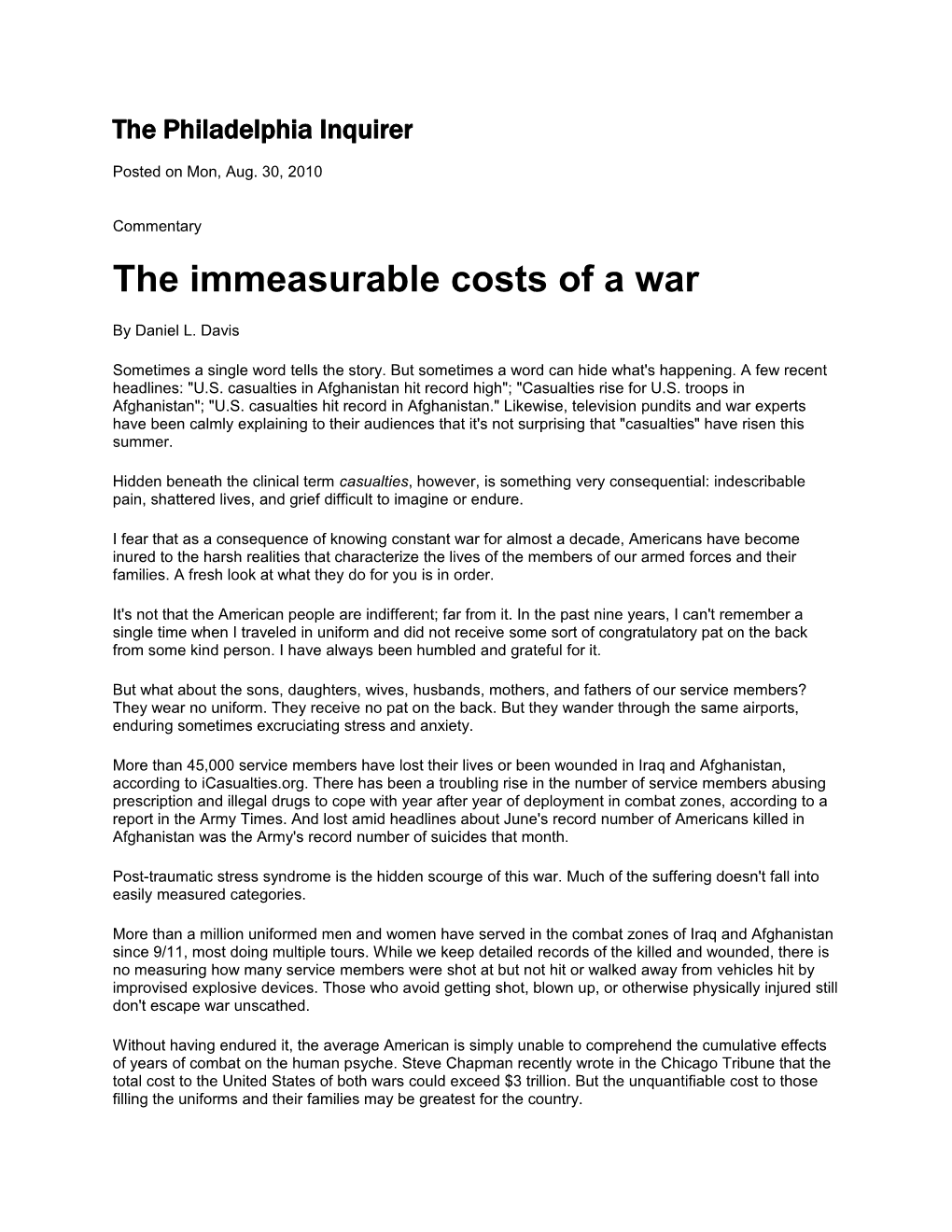 The Immeasurable Costs of a War