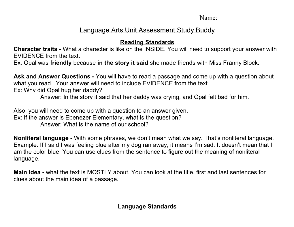 Language Arts Unit Assessment Study Buddy