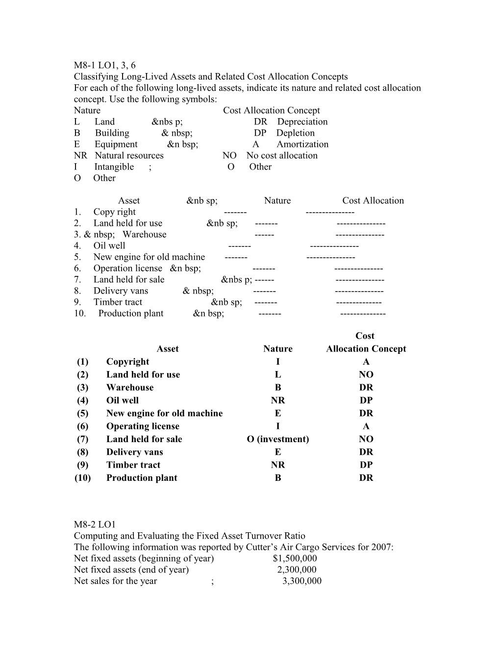 M8-1 LO1, 3, 6 Classifying Long-Lived Assets and Related Cost Allocation Concepts for Each