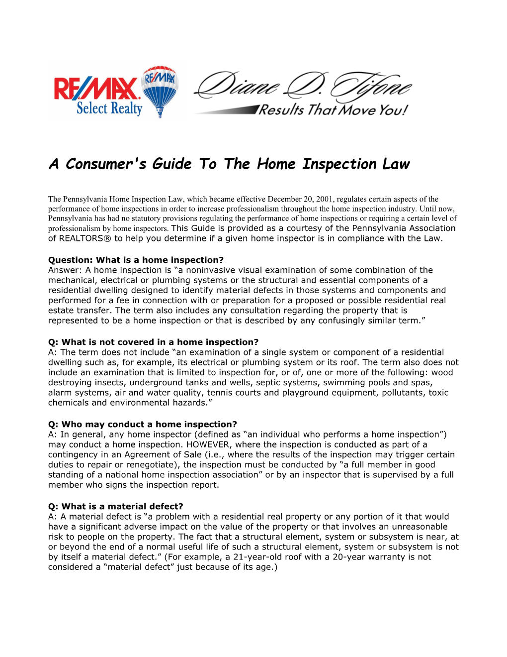 A Consumer's Guide to the Home Inspection Law