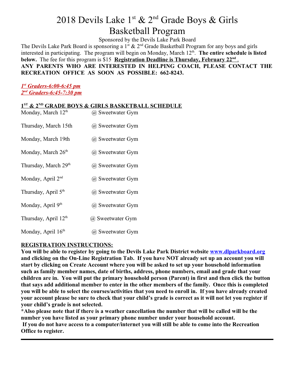 Devils Lake 1St & 2Nd Grade Boys & Girls Basketball Program