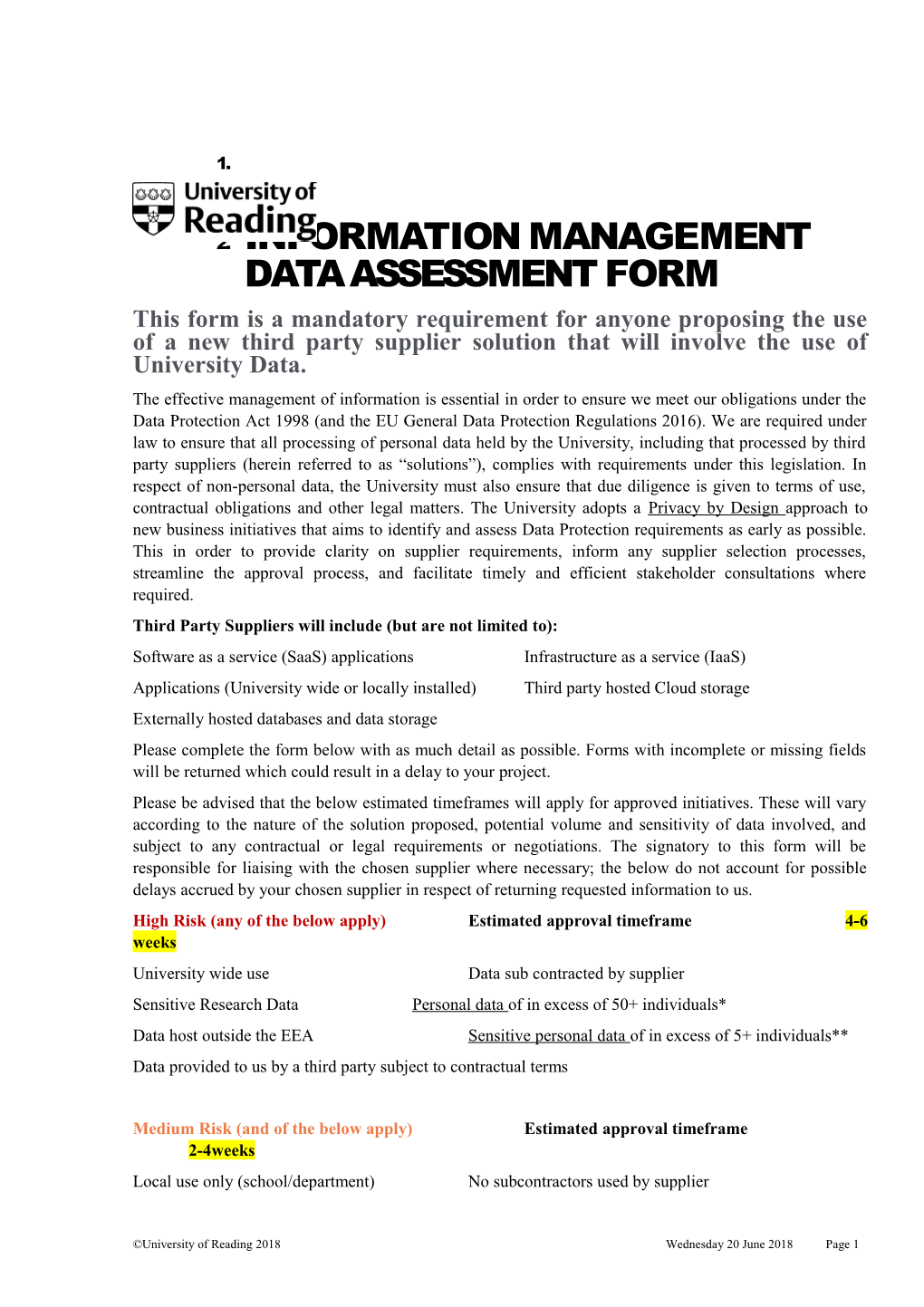 Information MANAGEMENT Data ASSESSMENT FORM