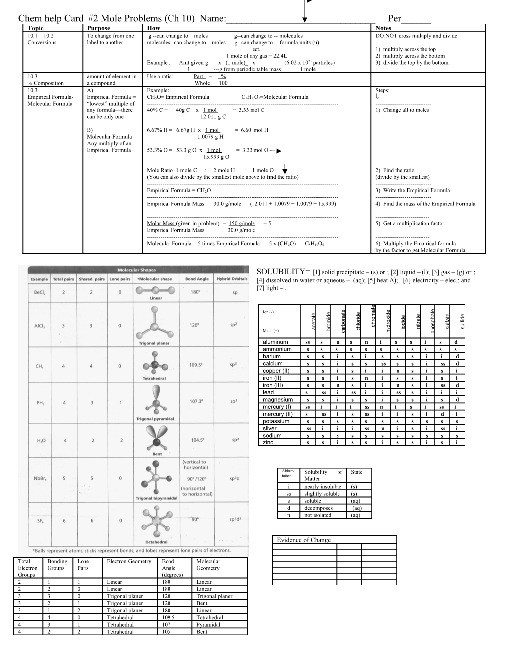 Chem Help Card