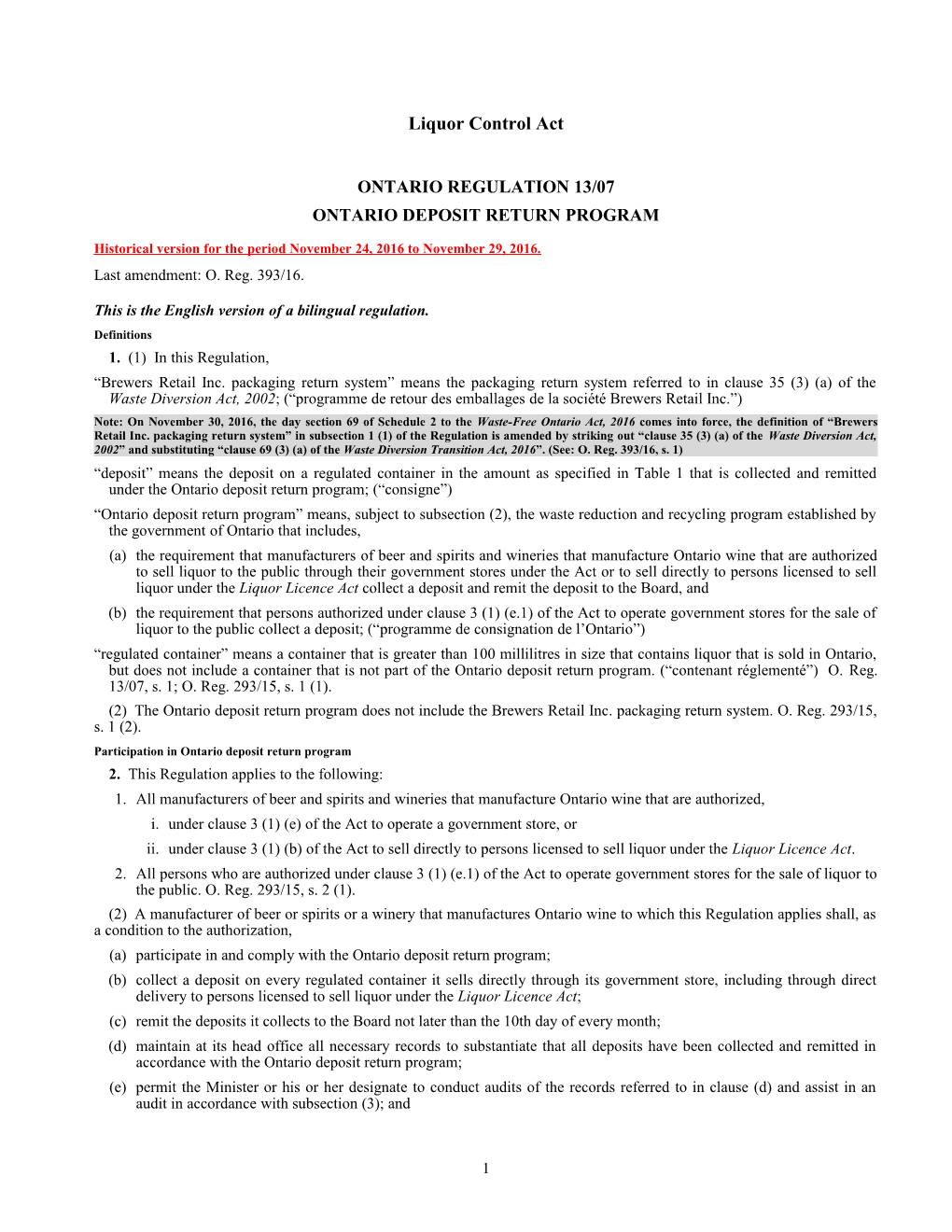 Liquor Control Act - O. Reg. 13/07