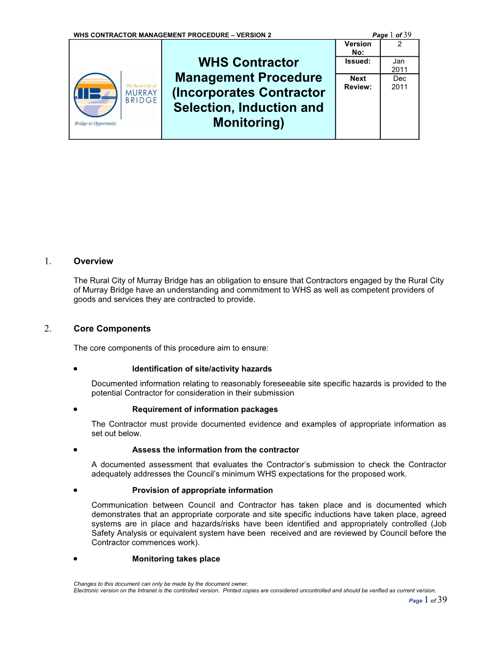 WHS CONTRACTOR MANAGEMENT PROCEDURE VERSION 2 Page 1 of 33