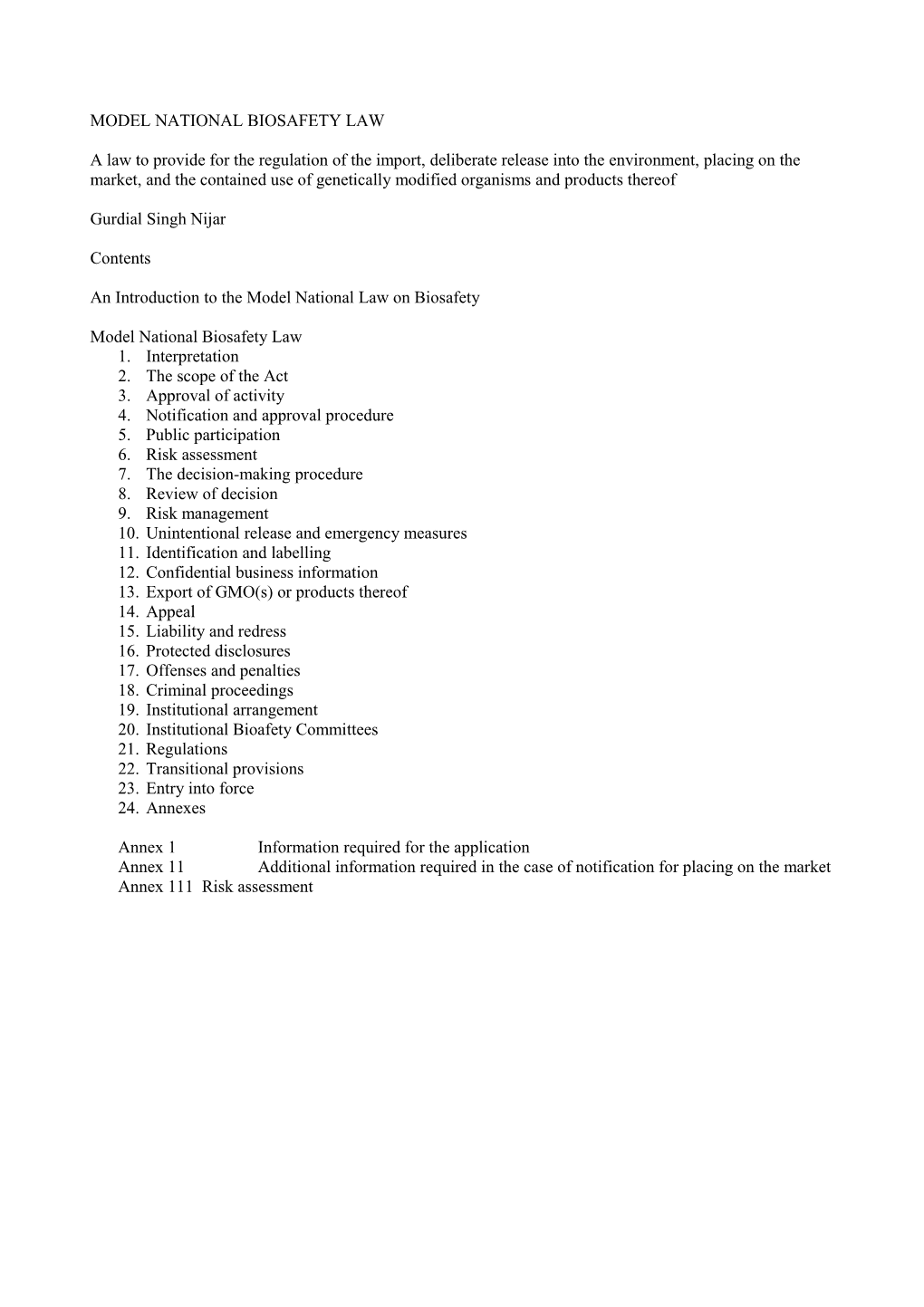 Model National Biosafety Law