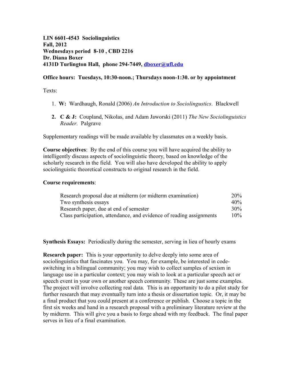 LIN 6601 Survey of Sociolinguistics