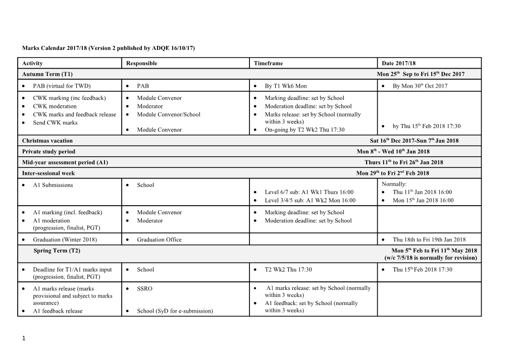 Marks Calendar 2017/18 (Version 2 Published by ADQE 16/10/17)