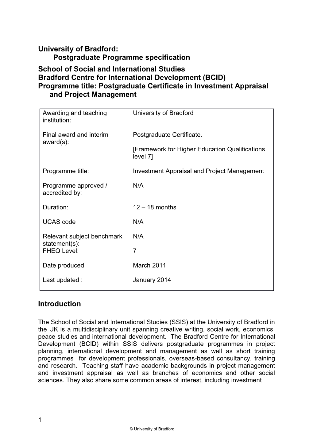 University of Bradford: Postgraduate Programme Specification