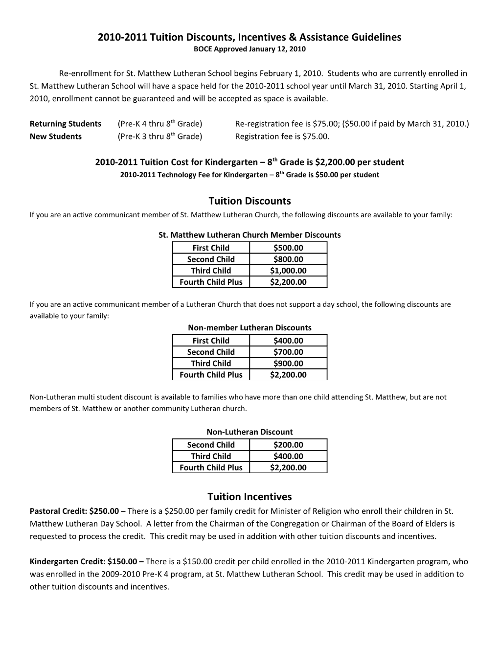 2010-2011 Tuition Discounts, Incentives & Assistance Guidelines
