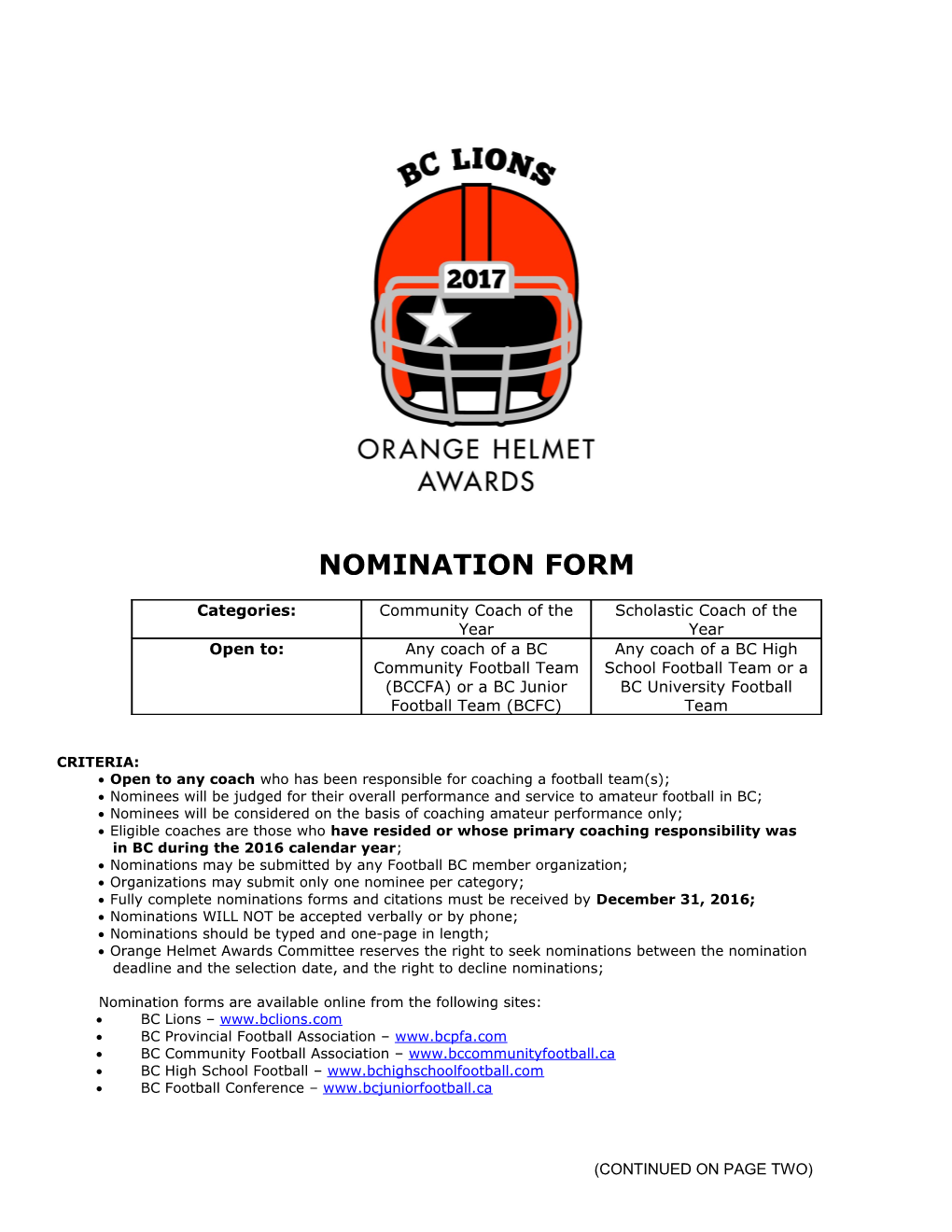 2010 OHA Coach of the Year Nomination Form