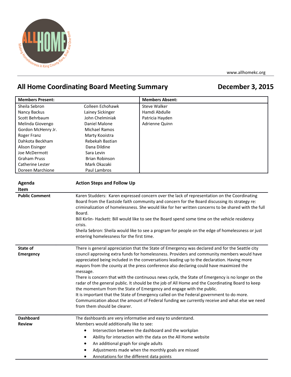 All Home Coordinating Board Meeting Summary December 3, 2015