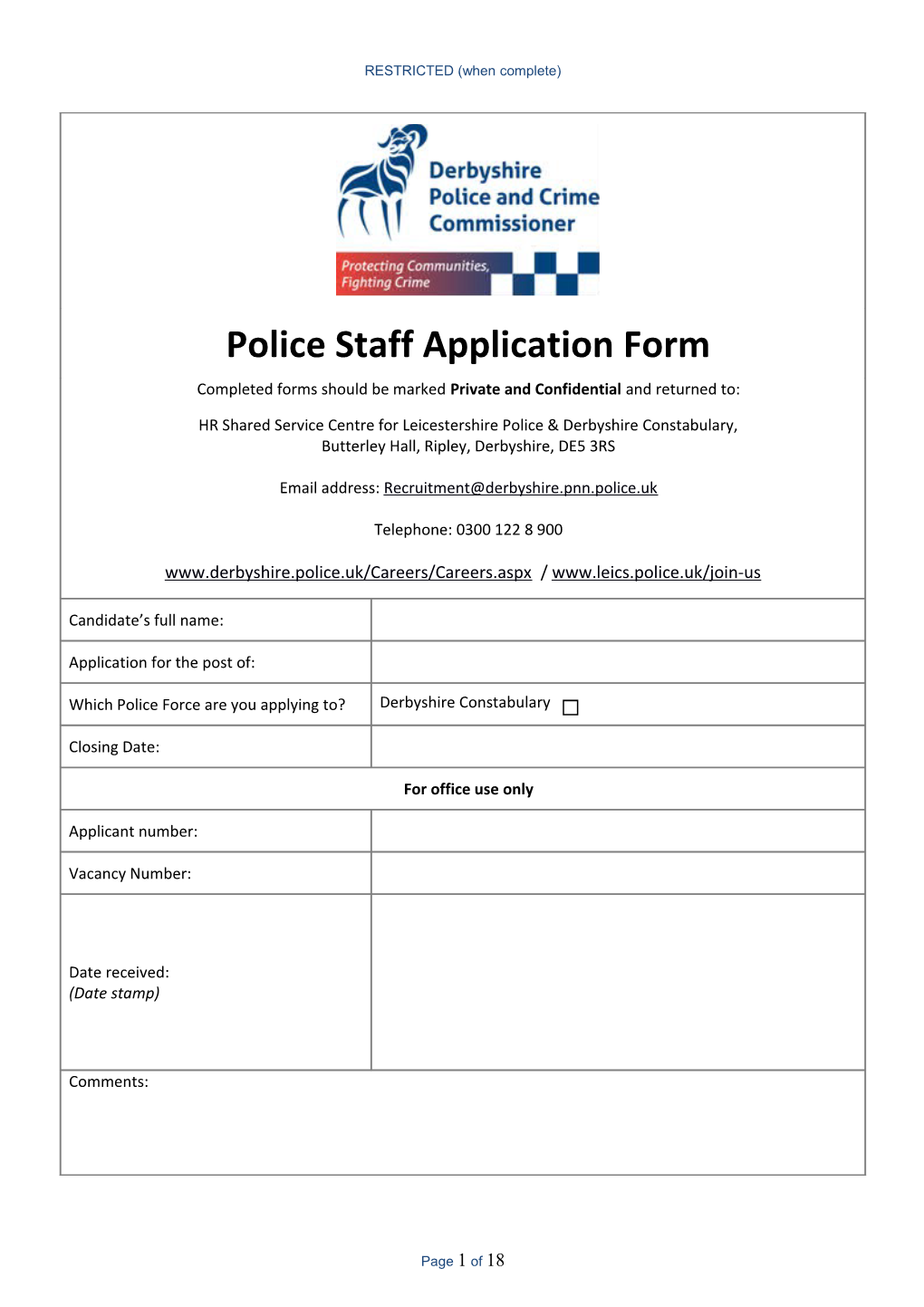 OPCC Police Staff Application Form - Derby's
