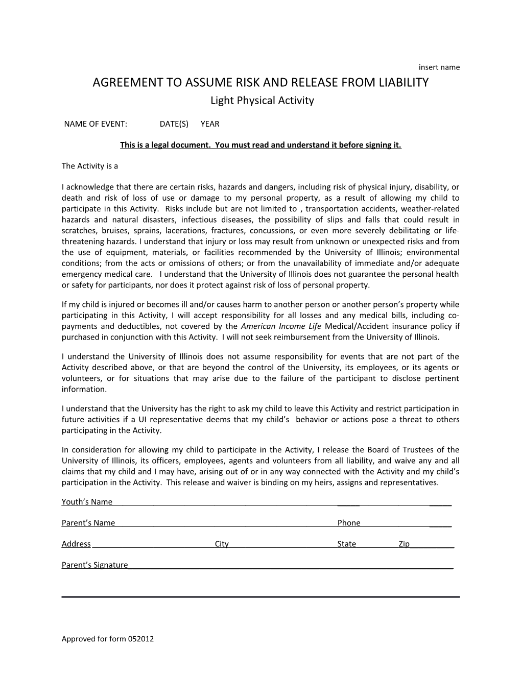 Agreement to Assume Risk and Release from Liability