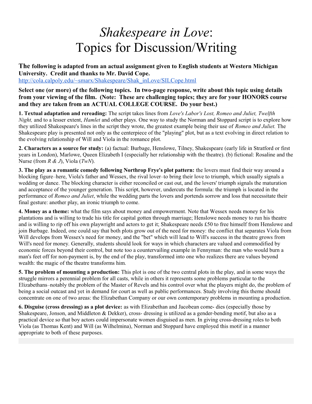 Topics for Discussion/Writing